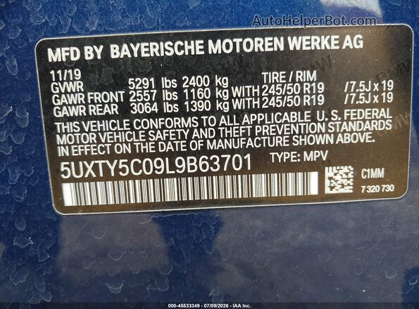 5UXTY5C09L9B63701 2020 BMW X3 Blue Շարժիչի բաժամունքի տեսք