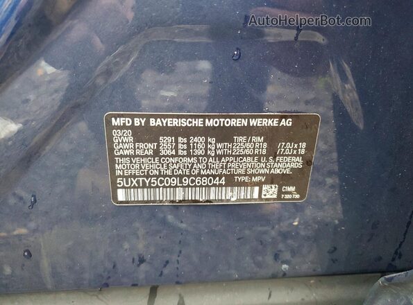 5UXTY5C09L9C68044 2020 BMW X3 Blue Вид наклейки з VIN-кодом