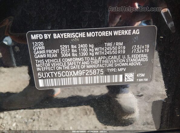 5UXTY5C0XM9F25875 2021 BMW X3 Black Engine compartment view