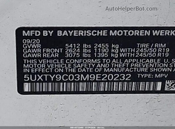 5UXTY9C03M9E20232 2021 BMW X3 White Widok komory silnika
