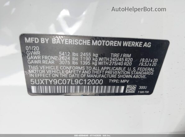 5UXTY9C07L9C12000 2020 BMW X3 White Engine compartment view