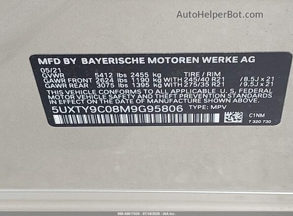 5UXTY9C08M9G95806 2021 BMW X3 Champagne ძრავის განყოფილების ხედი