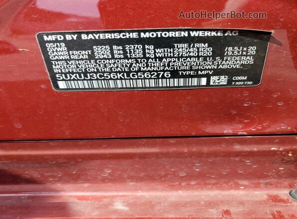 5UXUJ3C56KLG56276 2019 BMW X4 Red VIN კოდის სტიკერის ხედი