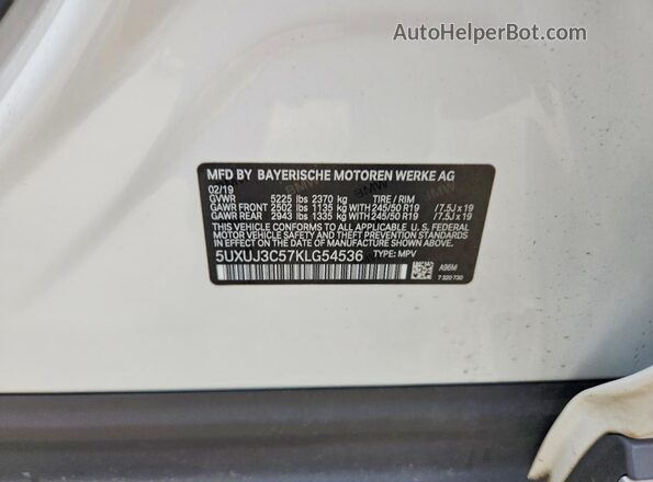 5UXUJ3C57KLG54536 2019 BMW X4 White VIN კოდის სტიკერის ხედი