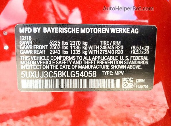 5UXUJ3C58KLG54058 2019 BMW X4 Red Widok naklejki z numerem VIN