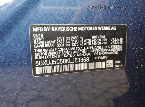 5UXUJ5C58KLJ63868 2019 BMW X4 Blue Widok naklejki z numerem VIN