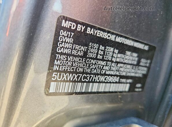 5UXWX7C37H0W39684 2017 BMW X3 Gray VIN կոդի պիտակի տեսք
