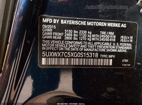 5UXWX7C5XG0S15318 2016 BMW X3 Blue Engine compartment view