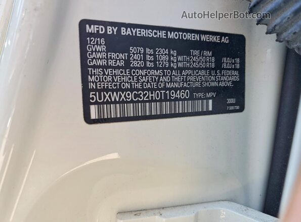 5UXWX9C32H0T19460 2017 BMW X3 White VIN კოდის სტიკერის ხედი