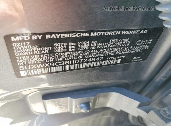 5UXWX9C38H0T24842 2017 BMW X3 Silver VIN sticker view