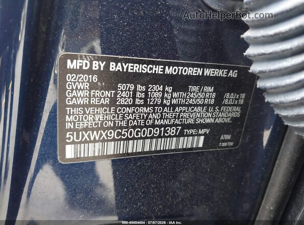 5UXWX9C50G0D91387 2016 BMW X3 Blue ძრავის განყოფილების ხედი
