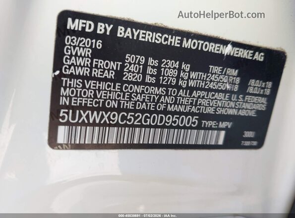 5UXWX9C52G0D95005 2016 BMW X3 White Շարժիչի բաժամունքի տեսք