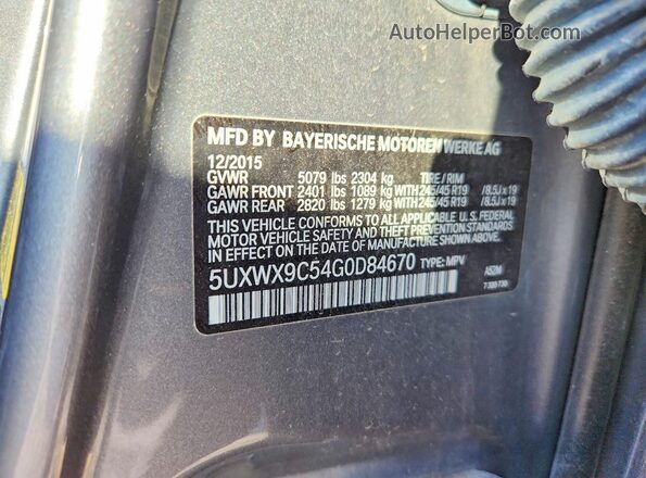 5UXWX9C54G0D84670 2016 BMW X3 Gray Вид наклейки з VIN-кодом