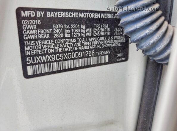 5UXWX9C5XG0D91266 2016 BMW X3 White VIN კოდის სტიკერის ხედი