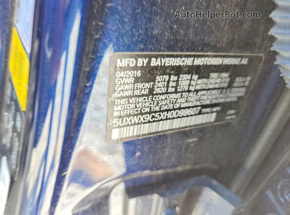 5UXWX9C5XH0D98607 2017 BMW X3 Blue VIN կոդի պիտակի տեսք