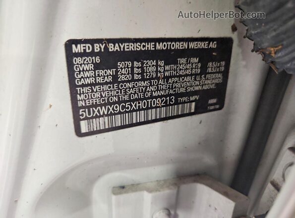 5UXWX9C5XH0T09213 2017 BMW X3 White Widok naklejki z numerem VIN