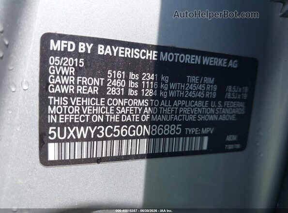 5UXWY3C56G0N86885 2016 BMW X3 Silver Շարժիչի բաժամունքի տեսք