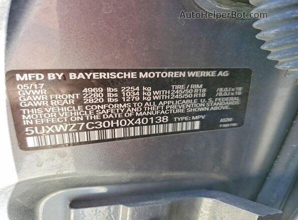 5UXWZ7C30H0X40138 2017 BMW X3 Gray 360 interior view