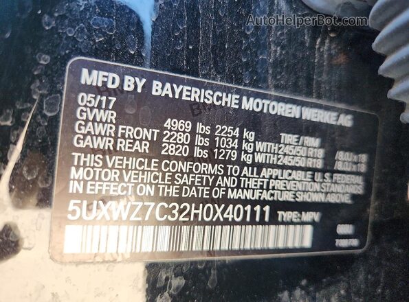5UXWZ7C32H0X40111 2017 BMW X3 Black VIN կոդի պիտակի տեսք