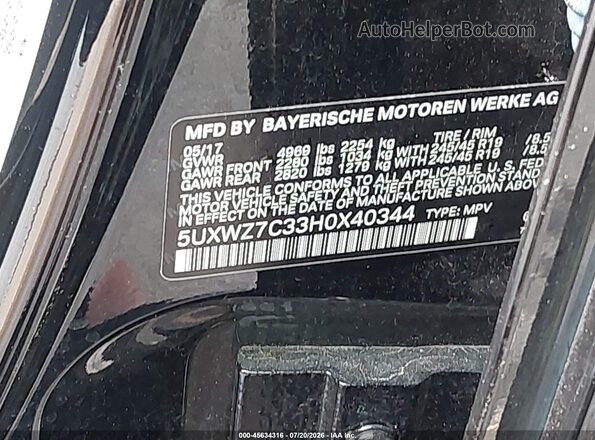 5UXWZ7C33H0X40344 2017 BMW X3 Black Вид підкапотного простору