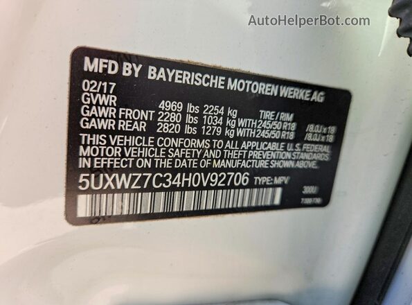 5UXWZ7C34H0V92706 2017 BMW X3 White VIN կոդի պիտակի տեսք