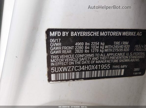5UXWZ7C34H0X41955 2017 BMW X3 White ძრავის განყოფილების ხედი