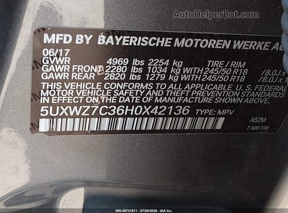 5UXWZ7C36H0X42136 2017 BMW X3 Gray ძრავის განყოფილების ხედი