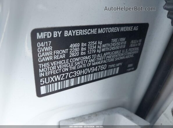 5UXWZ7C39H0V94760 2017 BMW X3 White Շարժիչի բաժամունքի տեսք