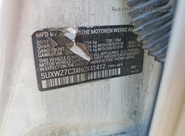 5UXWZ7C3XH0X41412 2017 BMW X3 White Вид наклейки з VIN-кодом