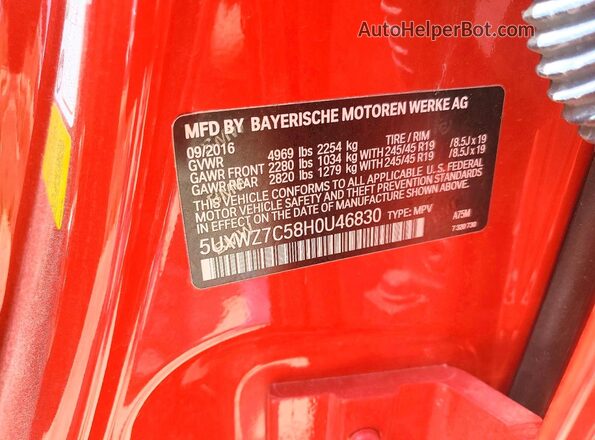 5UXWZ7C58H0U46830 2017 BMW X3 Red ძრავის განყოფილების ხედი