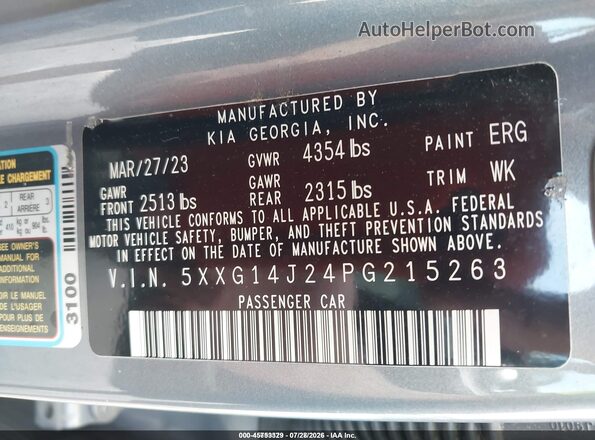 5XXG14J24PG215263 2023 KIA K5 Gray Շարժիչի բաժամունքի տեսք