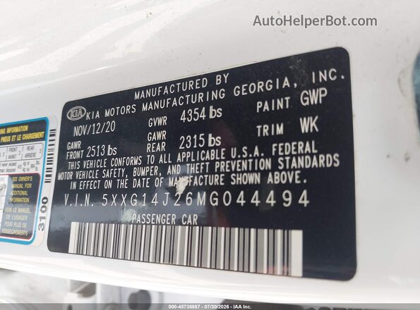 5XXG14J26MG044494 2021 KIA K5 Белый Вид подкапотного пространства