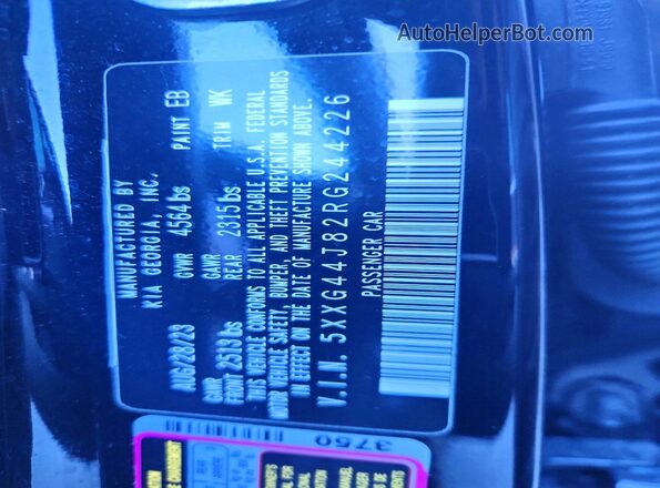 5XXG44J82RG244226 2024 KIA K5 Black Vista de la etiqueta del VIN