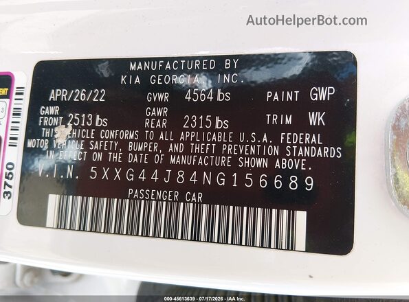 5XXG44J84NG156689 2022 KIA K5 Белый Вид подкапотного пространства