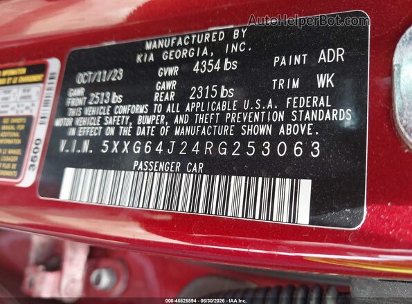 5XXG64J24RG253063 2024 KIA K5 Red Widok komory silnika