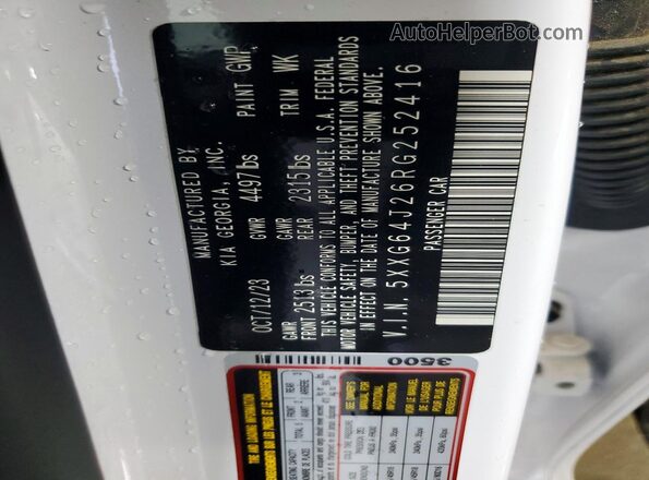 5XXG64J26RG252416 2024 KIA K5 White Вид наклейки з VIN-кодом