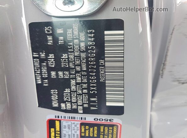 5XXG64J26RG258443 2024 KIA K5 Серый Вид наклейки с VIN-кодом