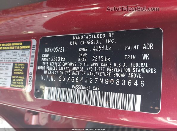 5XXG64J27NG083646 2022 KIA K5 Burgundy Շարժիչի բաժամունքի տեսք