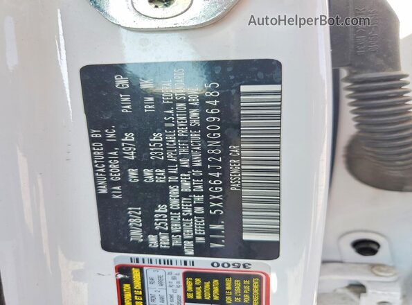 5XXG64J28NG096485 2022 KIA K5 White Vista de la etiqueta del VIN