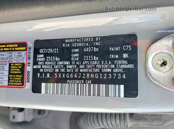 5XXG64J28NG123734 2022 KIA K5 Gray VIN sticker view