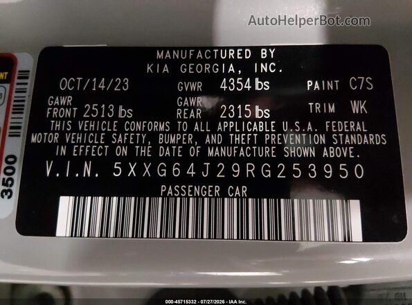 5XXG64J29RG253950 2024 KIA K5 Gray Engine compartment view