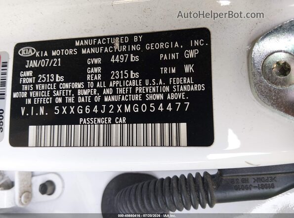 5XXG64J2XMG054477 2021 KIA K5 White Widok komory silnika