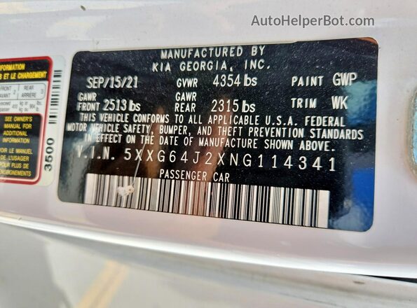5XXG64J2XNG114341 2022 KIA K5 White Widok komory silnika