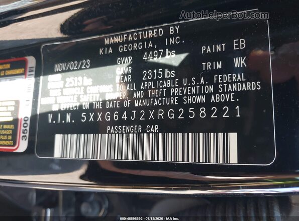 5XXG64J2XRG258221 2024 KIA K5 Black VIN կոդի պիտակի տեսք