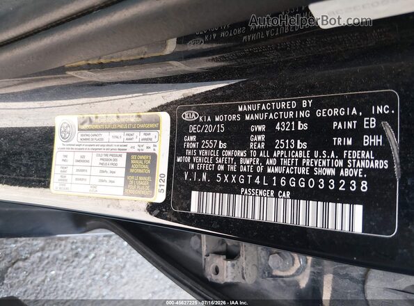 5XXGT4L16GG033238 2016 KIA OPTIMA Black Vista del compartimento del motor