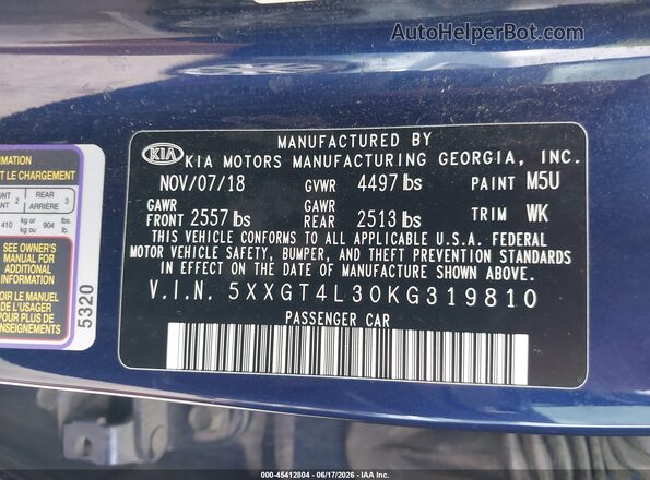 5XXGT4L30KG319810 2019 KIA OPTIMA Navy Engine compartment view