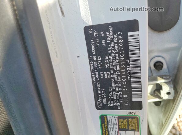 5XXGT4L31HG170882 2017 KIA OPTIMA White Vista del compartimento del motor