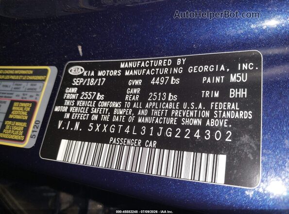 5XXGT4L31JG224302 2018 KIA OPTIMA Blue Widok komory silnika