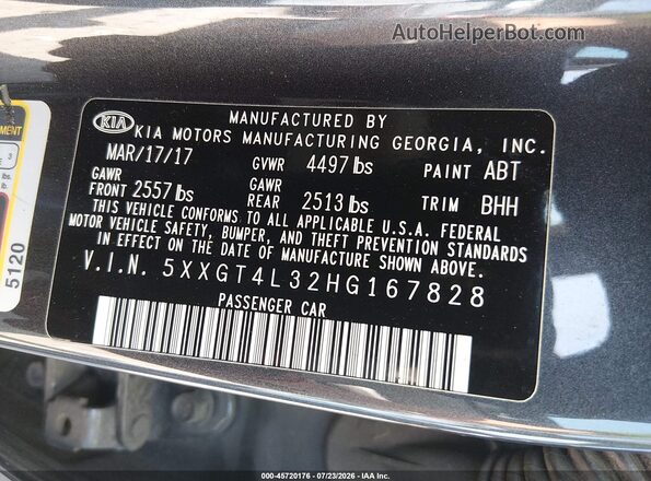 5XXGT4L32HG167828 2017 KIA OPTIMA Gray Widok komory silnika