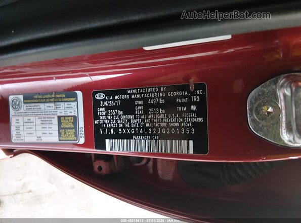 5XXGT4L32JG201353 2018 KIA OPTIMA Red Engine compartment view